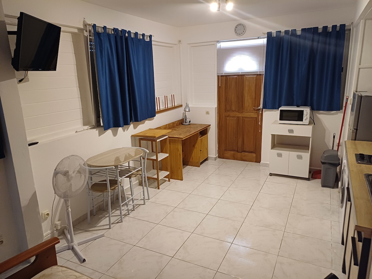 A bright, open-plan living area is presented, featuring white tiled flooring and walls. A small dining table with four chairs is positioned beside a wooden countertop. A microwave sits on a cabinet near the door, and two blue curtains frame the windows while a ceiling light illuminates the space.