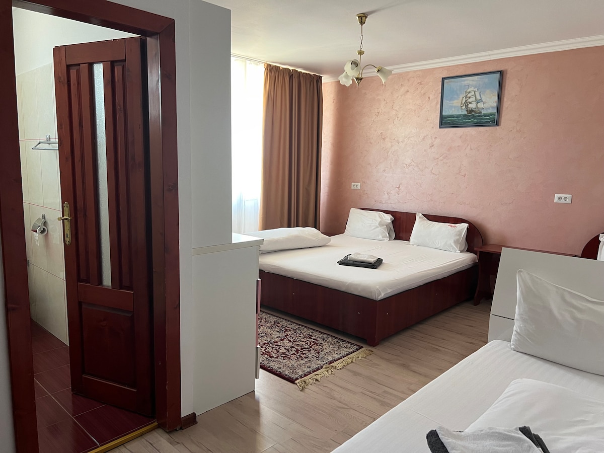 A well-lit guest room features two spacious beds with crisp white linens. A large window drapes soft natural light across the room, highlighting the muted pink walls. An attached bathroom is visible, along with a rustic wooden door that leads to the hallway.