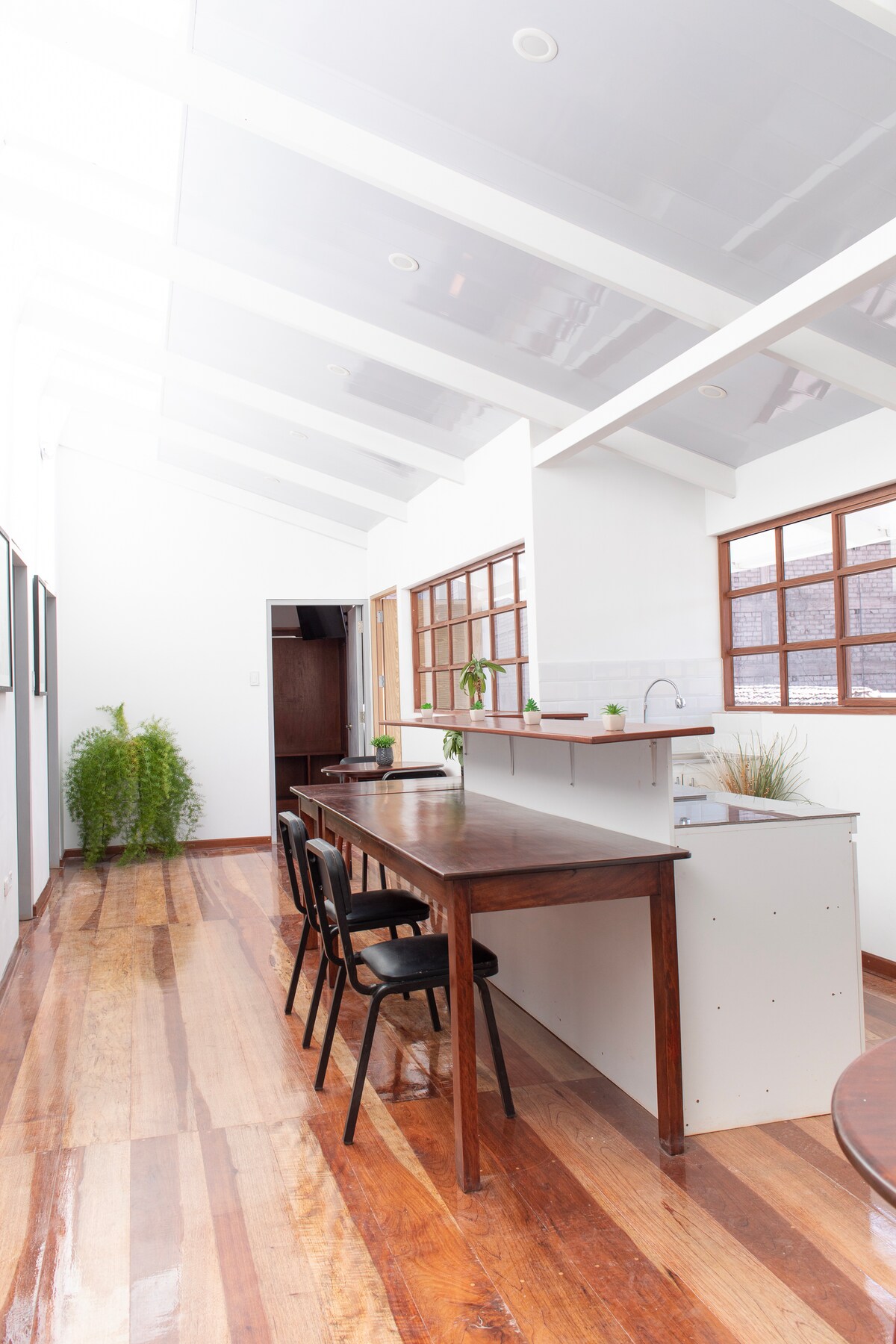 An open kitchen and dining area features natural wood flooring and a long wooden table lined with black chairs. Large windows allow ample light to fill the space, complemented by greenery that adds a touch of nature.