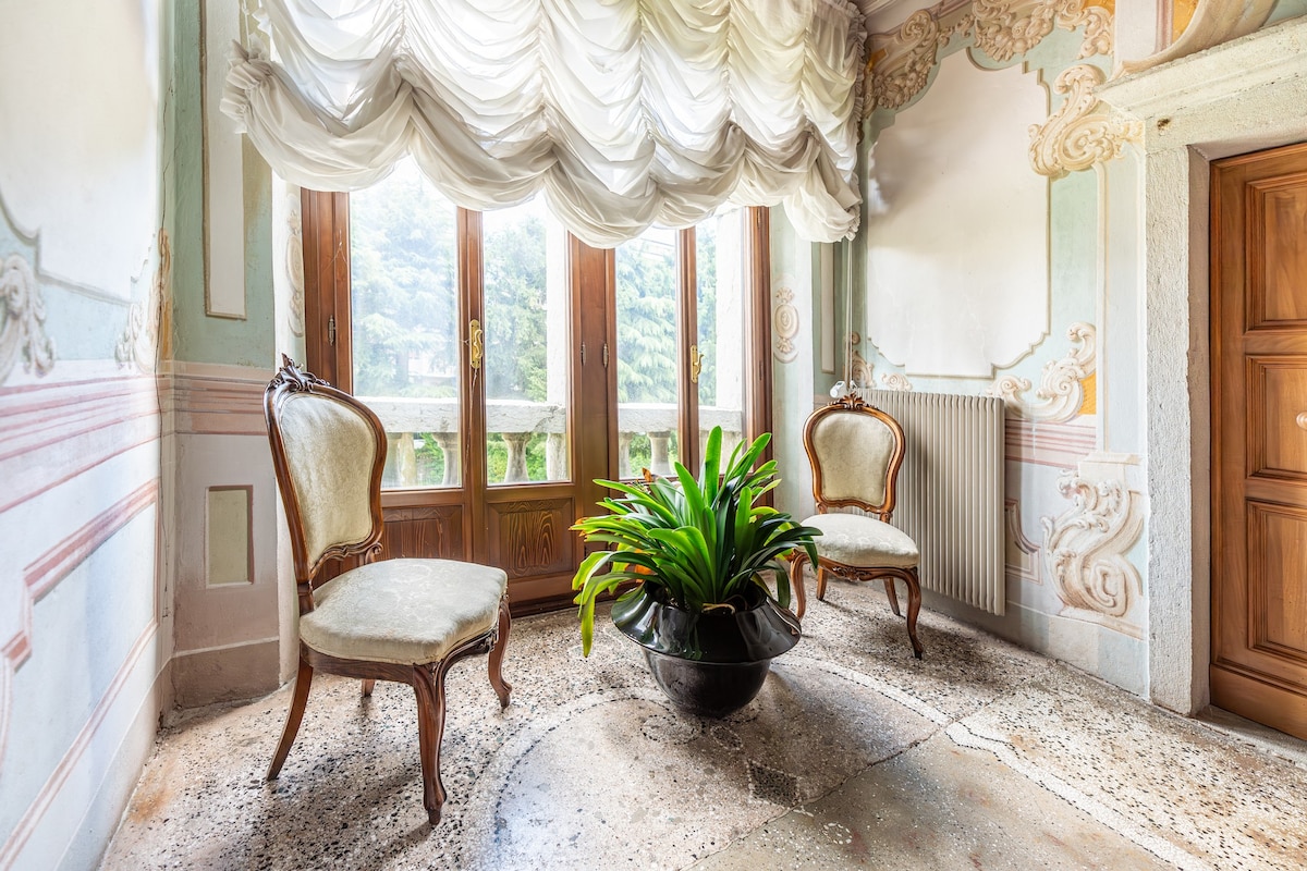 A sunlit corner features two elegant chairs arranged beside a large potted plant. Soft, draped curtains frame the windows, allowing natural light to illuminate the ornate wall decorations and the decorative flooring, blending history with comfort in this inviting space.
