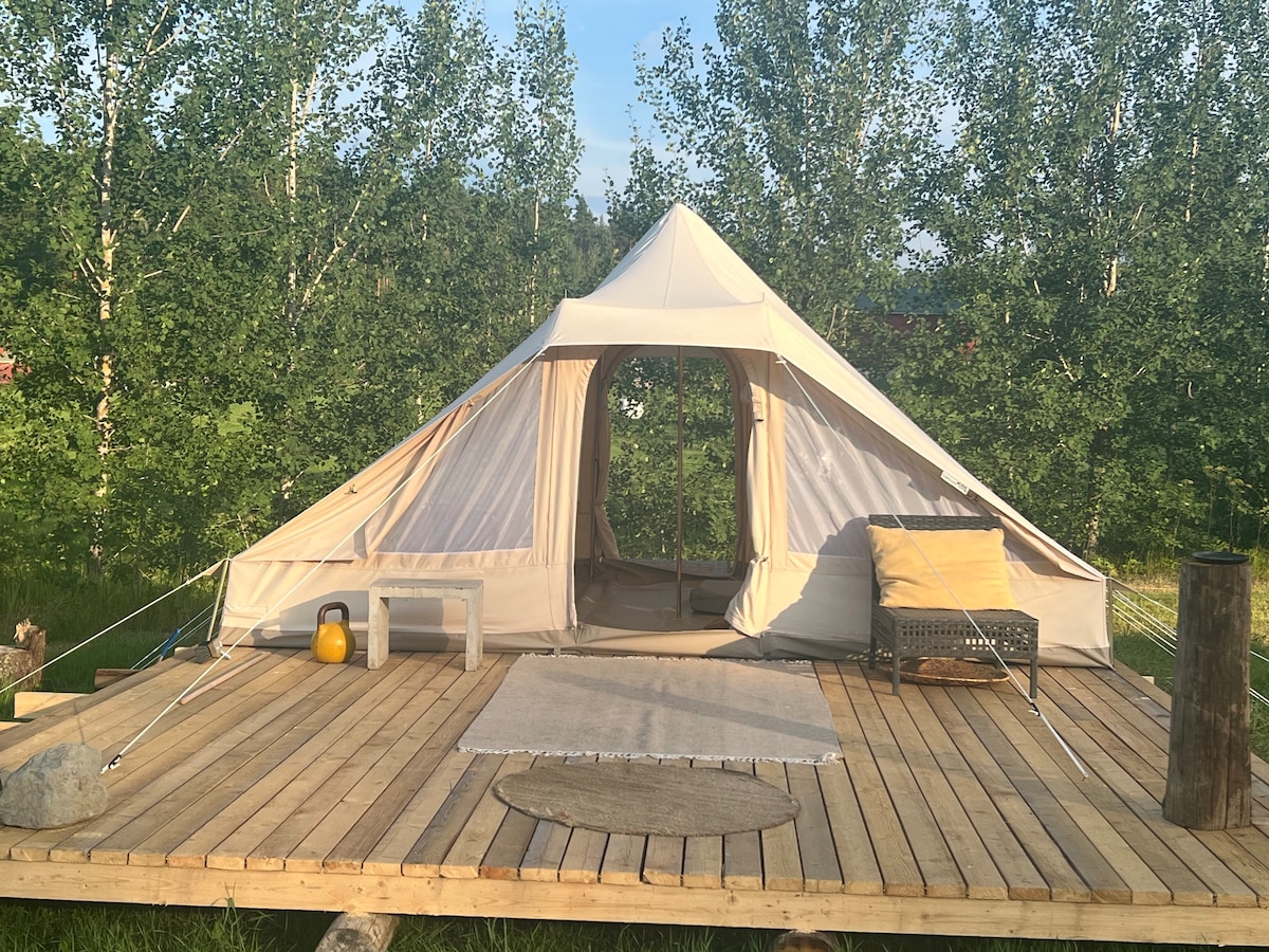 A glamping tent is situated on a wooden deck surrounded by green foliage. The entrance is open, allowing for natural light to enter. A cozy rug and cushions are placed on the deck, creating a relaxed outdoor space. Soft sunlight bathes the scene.