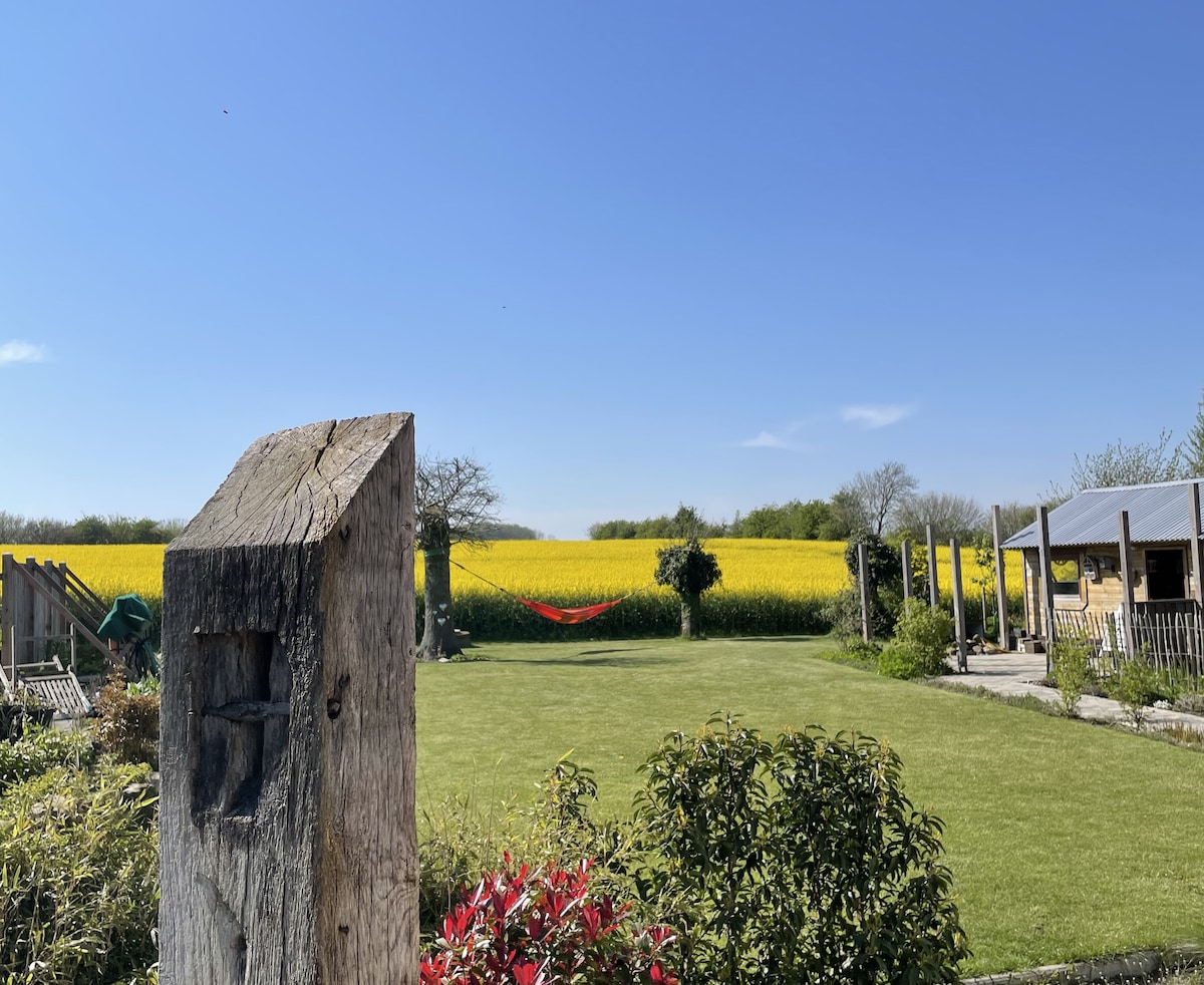 A spacious garden area is depicted, featuring a lush green lawn and beautiful flower beds. A hammock is visible in the distance, framed by vibrant fields of yellow flowers under a clear blue sky. Natural wood elements enhance the serene setting.