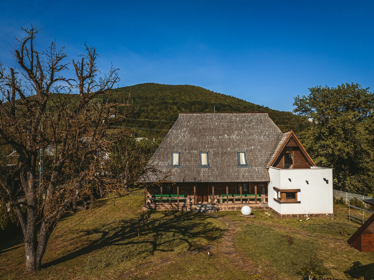 The traditional house features a thatched roof and a combination of wooden and modern architectural elements. Surrounding greenery includes a large tree and a hillside in the background. Open spaces are visible, providing a natural setting for relaxation.