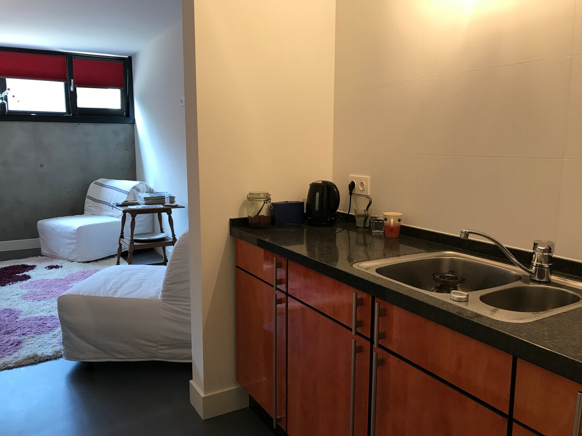 A modern kitchenette is seen with wooden cabinetry and a granite countertop. In the background, two foldable single beds are positioned against a wall, complemented by a soft rug nearby. Natural light enters through two windows with red shades.