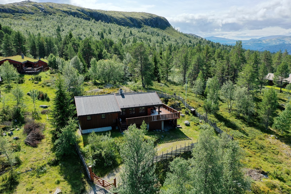 The image showcases a rustic mountain cabin surrounded by lush greenery and trees. The cabin features a spacious deck and is set against a backdrop of rolling hills. Natural light highlights the wooden exterior, blending harmoniously with the serene landscape.