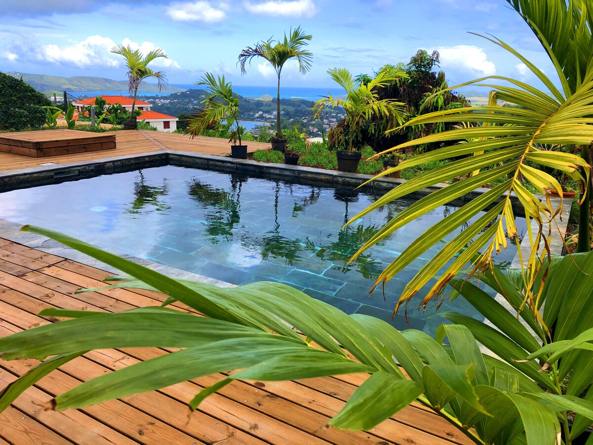 A serene heated pool, surrounded by natural stone and wooden decking, is framed by lush palm trees. The tranquil water reflects the landscape and panoramic views of the bay, providing a peaceful ambiance for relaxation.