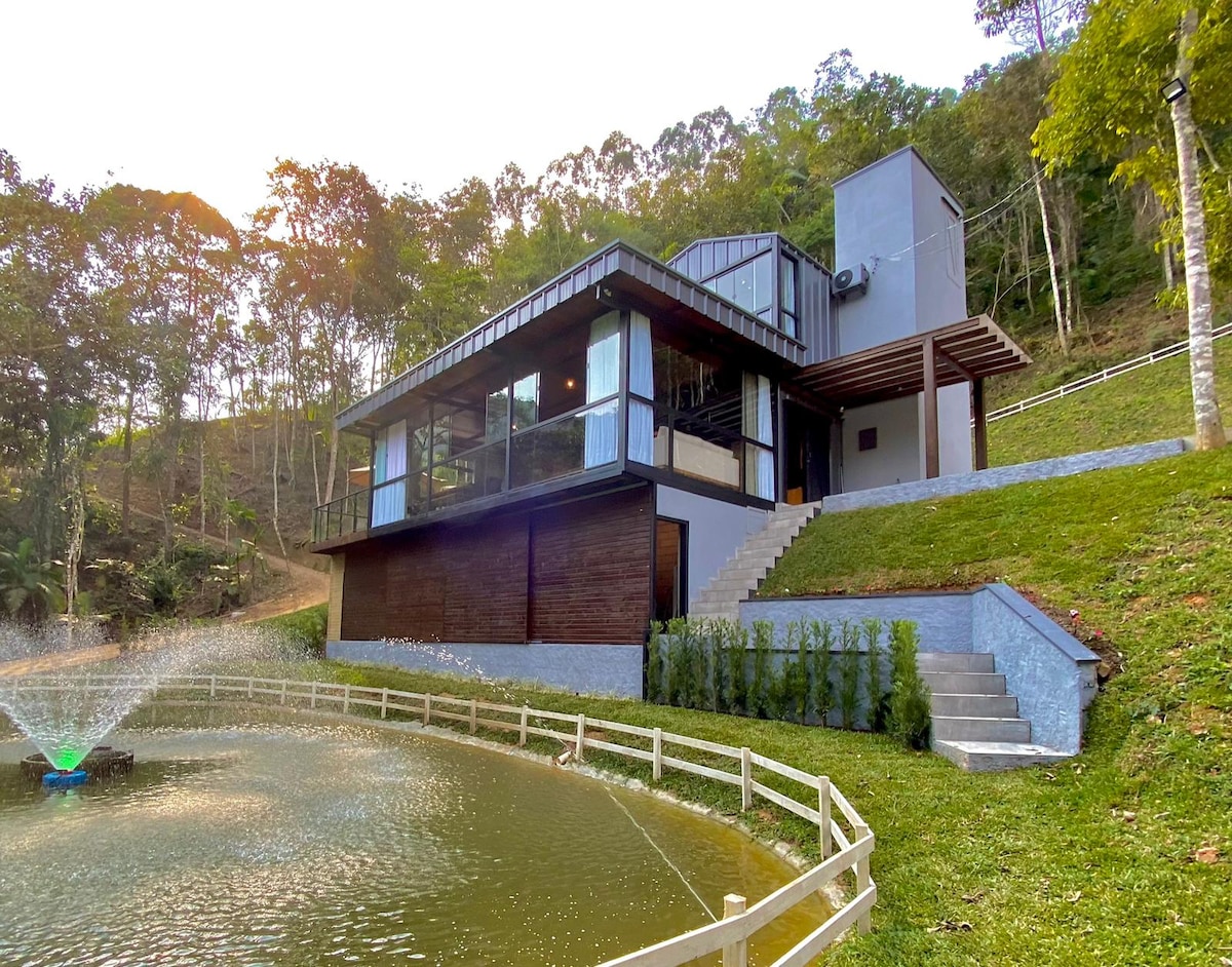A modern house is depicted beside a small pond, characterized by large windows and balconies offering scenic views. Lush greenery surrounds the property, and a gentle fountain creates a peaceful atmosphere. Steps lead from the house to the waterfront, providing access to the natural setting.