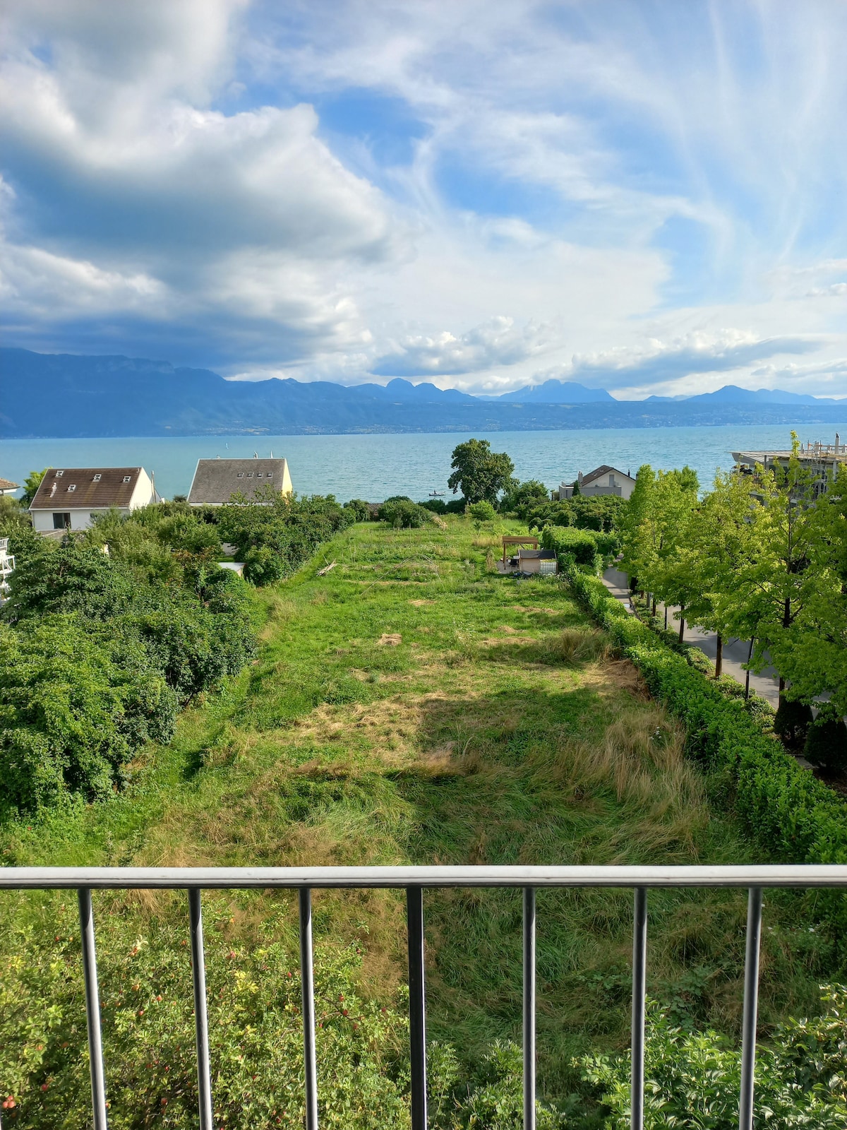 A serene view from the balcony captures a lush green expanse leading to Lake Geneva. The landscape includes distant mountains under a partly cloudy sky, with neighboring houses framed by trees lining the path. The scene reflects a tranquil, nature-rich environment.