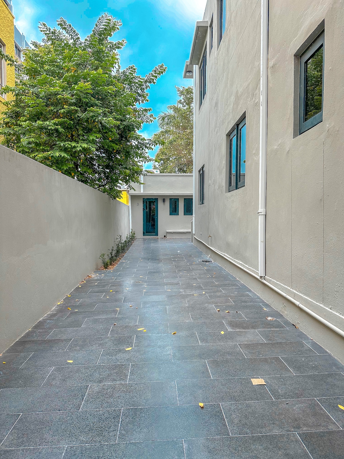 A narrow alleyway is lined with modern buildings on either side. The slate stone flooring extends toward a doorway at the end, where a small entry is visible. Lush greenery from trees and plants adds a touch of nature alongside the pathway.