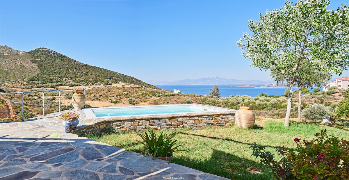 A serene view showcases a small swimming pool set against a backdrop of rolling hills and the sea. Lush greenery surrounds the area, with potted plants and a stone pathway leading toward the pool. The clear sky adds to the tranquil atmosphere.