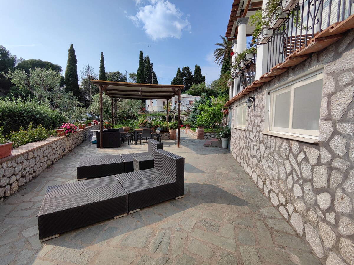 An outdoor patio area is presented, featuring textured stone flooring and modern seating arrangements. Lush greenery surrounds the space, with potted plants and trees visible in the background. A shaded pergola provides relief from the sun, enhancing the comfort of the area.