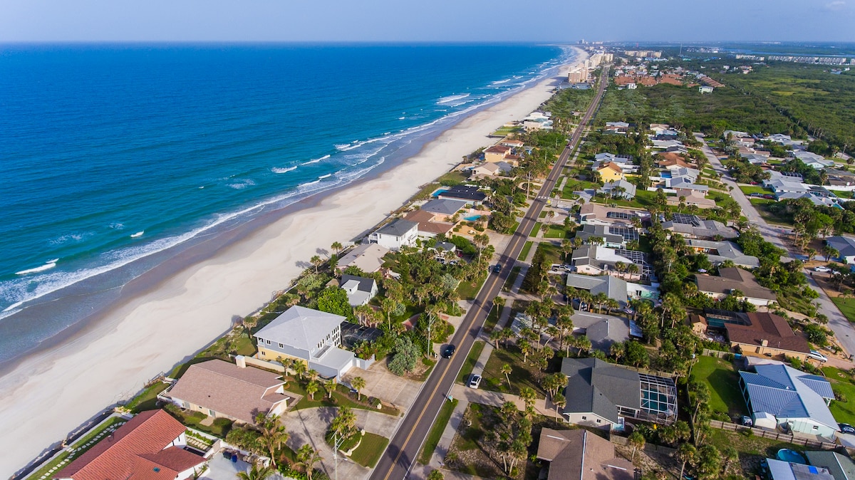 An aerial view captures the coastline of Ponce Inlet, showing sandy beaches meeting the turquoise ocean. The scene features a line of residential homes along a road bordered by palm trees and tropical vegetation, with the vibrant blue sea extending into the distance.