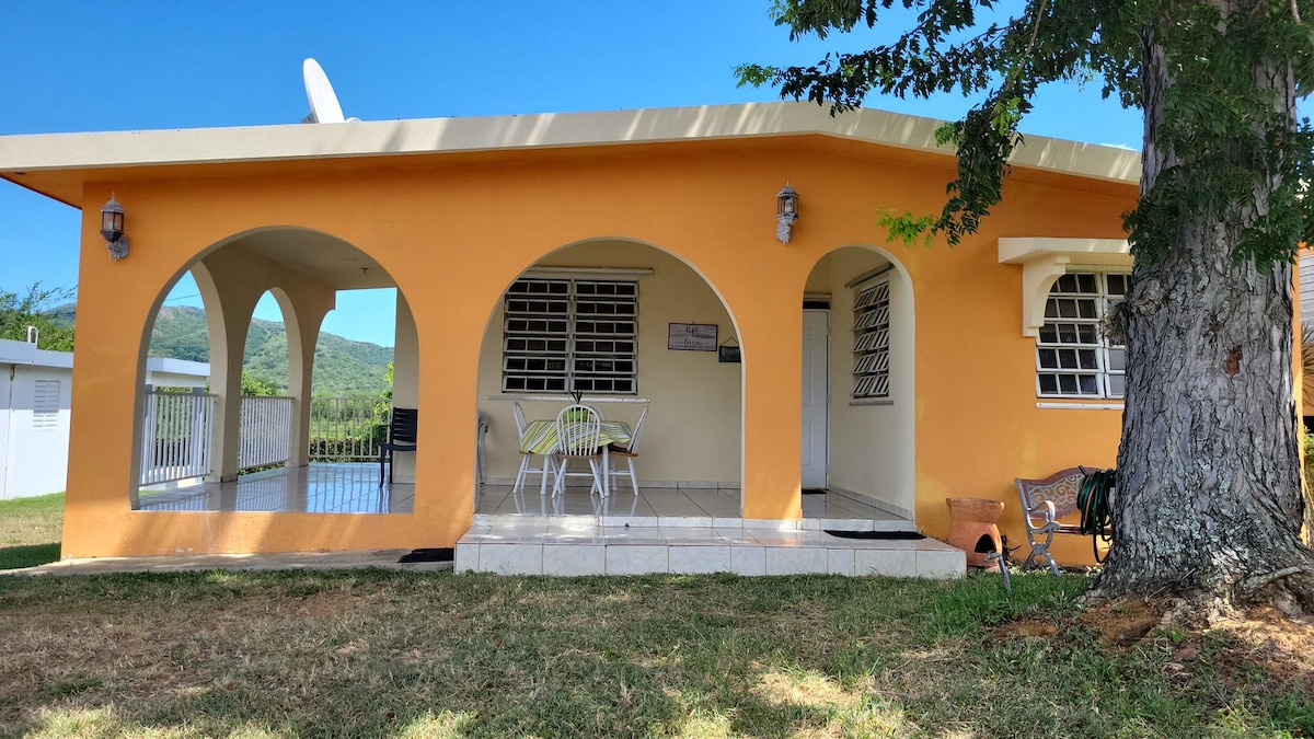 The exterior of a yellow house is shown with a large front porch. Arched openings provide access to seating areas where colorful chairs are arranged. A tree is positioned nearby, and the background features lush greenery and a clear blue sky.