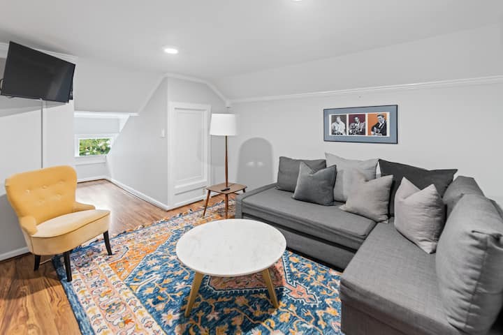 Private, loft bedroom with Roku Smart TV and a sofa bed 