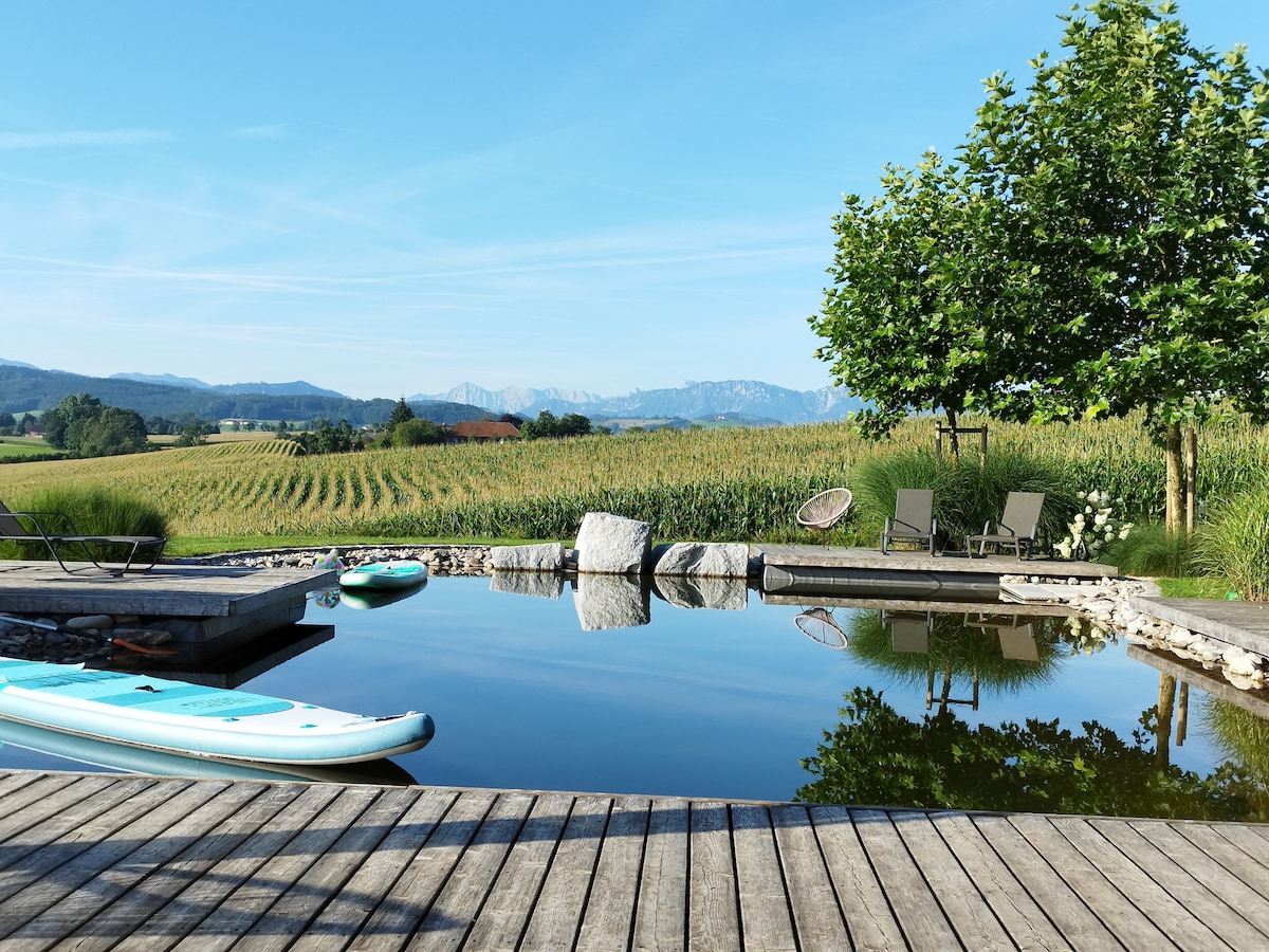 A tranquil swimming pond reflects the clear blue sky and surrounding landscape. Lounge chairs are positioned on a wooden deck, alongside two stand-up paddleboards. Lush greenery and distant mountains create a serene backdrop, enhancing the natural setting of the area.