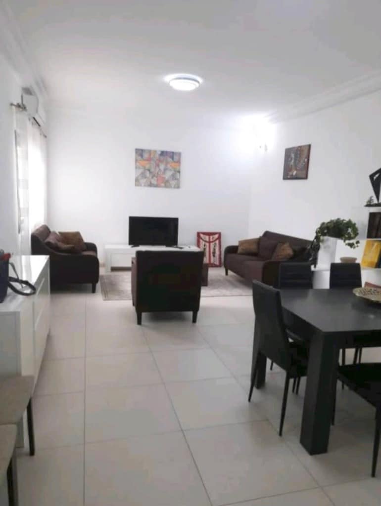 The spacious living area includes two comfortable sofas facing a flat-screen television. A neutral-toned artwork is displayed on the wall. A dining table with black chairs occupies one side, and natural light enters through the windows, enhancing the bright atmosphere.