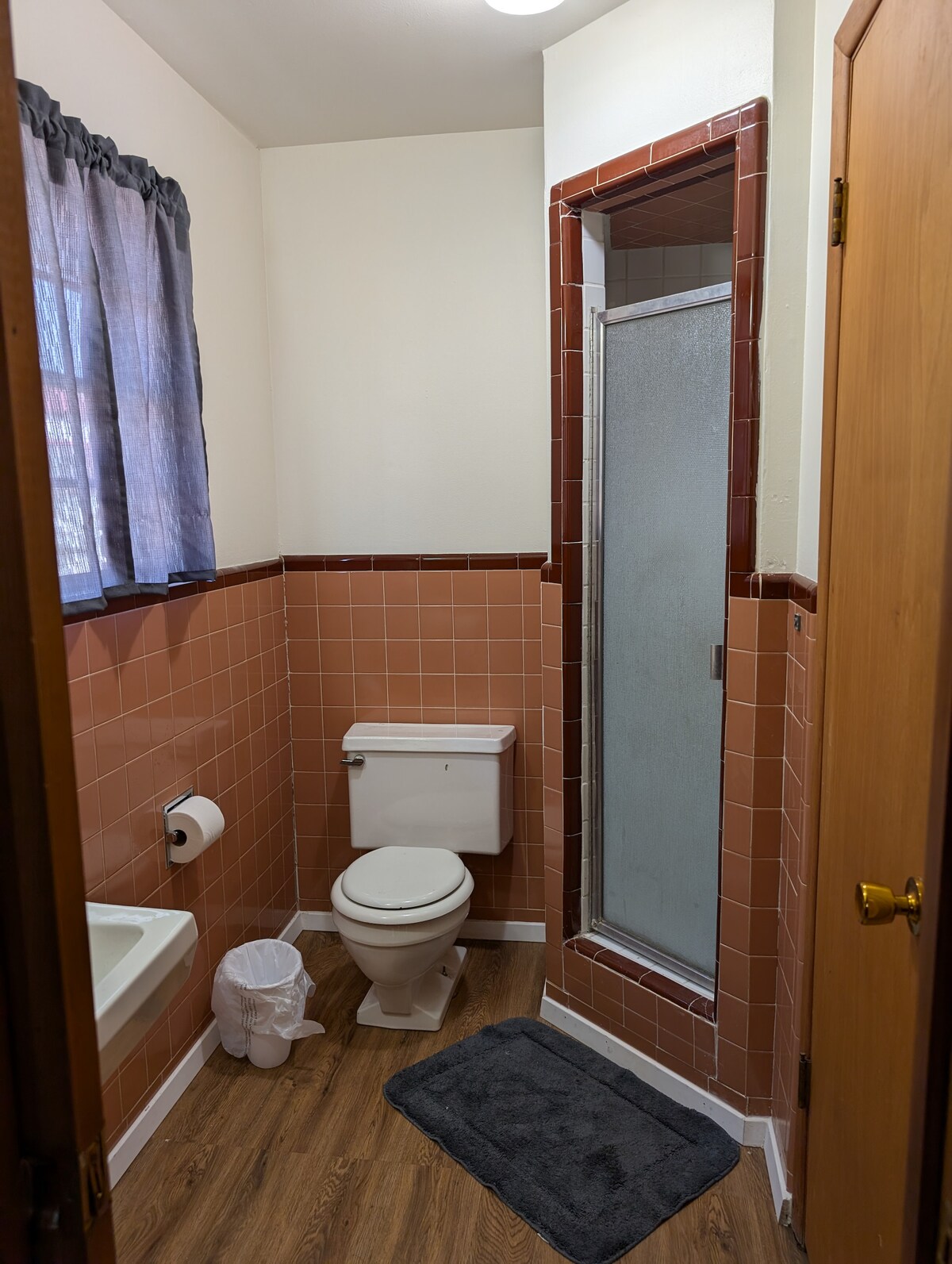 A bathroom is featured with pink tiled walls and a glass shower enclosure. A compact sink is styled to the left, while a white toilet and trash bin are positioned on the right. Natural light filters through a window covered with sheer curtains.