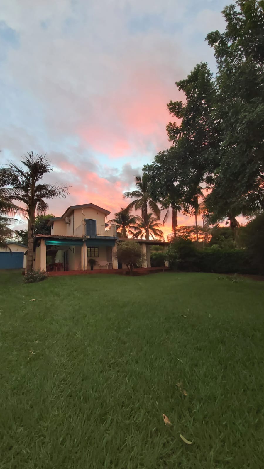 A two-story house is nestled among lush greenery, with a vibrant sky painted in shades of pink and orange at sunset. Tall palm trees and well-kept grass frame the property, contributing to a serene outdoor setting.