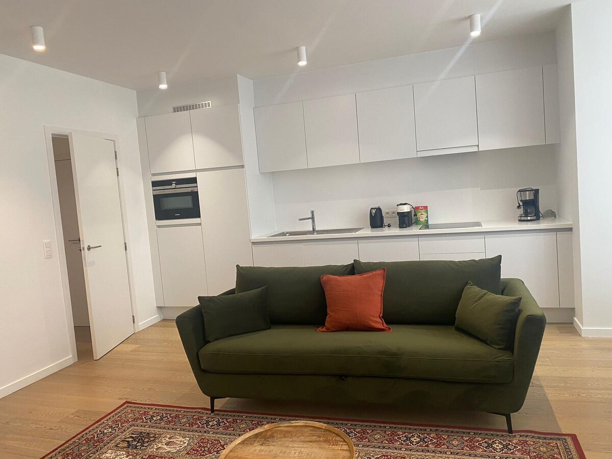 A modern kitchen area features sleek cabinetry and integrated appliances, with a green sofa placed in the foreground. A round wooden table is surrounded by a patterned rug. Natural light fills the room, highlighting the minimalist design.