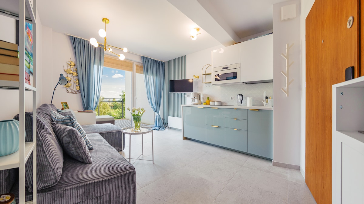 The living area features a modern design with a comfortable gray sofa and a stylish coffee table. A fully equipped kitchen with blue cabinetry is visible, along with a dining area. Large windows allow natural light and offer a view of the outside balcony.