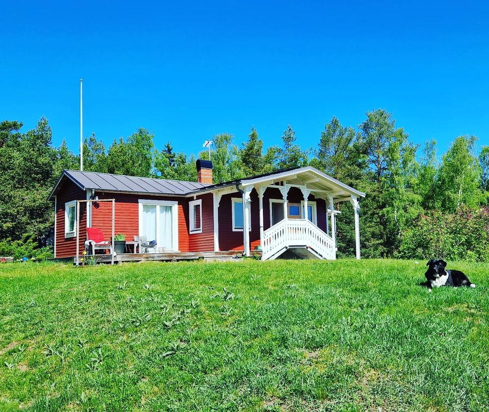A charming red house with a metal roof is surrounded by lush greenery. A covered porch features ornate railings and steps leading to the grassy yard. A dog rests peacefully on the lawn, enhancing the tranquil outdoor setting under a clear blue sky.
