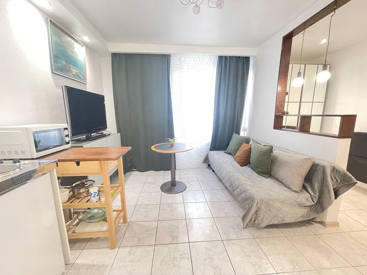 nella zona giorno, un divano completo per due persone, confortevole. TV con numerosi canali. Le tende alle finestre creeranno un ambiente piacevole per dormire