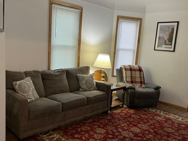 Living Room with Couch with fold out Queen Sofa Bed