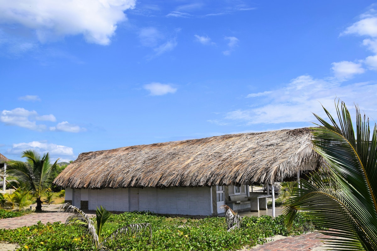 A single-story building with a thatched roof is surrounded by lush greenery and palm trees. The blue sky above is dotted with soft white clouds. The building's open structure allows for a seamless connection with the outdoors.