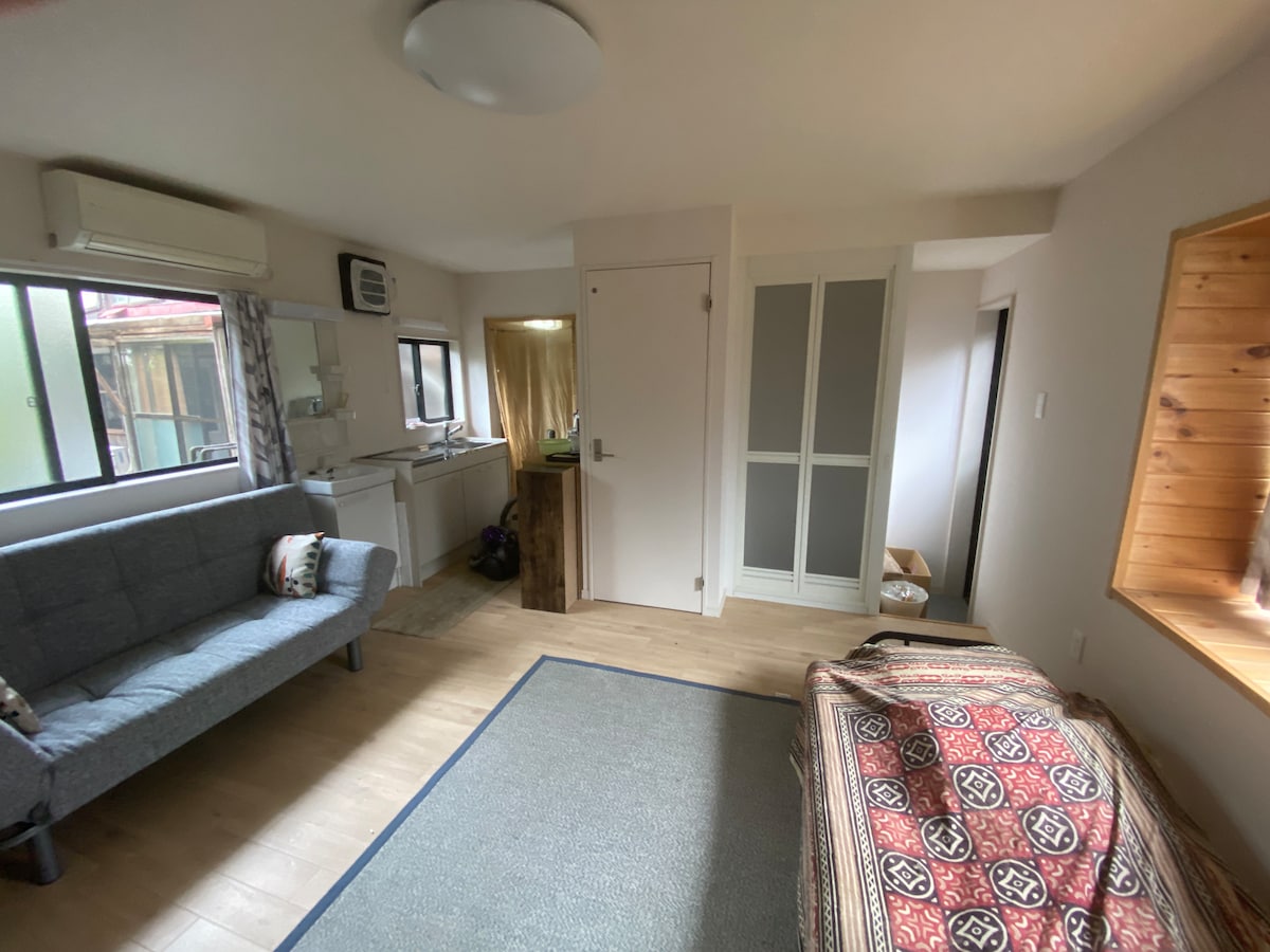 A spacious room features a cozy seating area with a grey sofa and a patterned throw. A well-equipped kitchenette is situated in the background, with a door leading to a bathroom on the left. Natural light fills the room through a window beside a wooden storage unit.