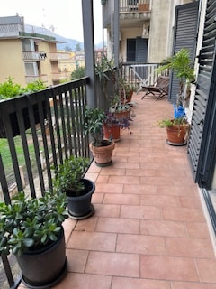 A spacious terrace features terracotta tiles and neatly arranged potted plants along the railing. Various green plants in terracotta and black pots contribute to a fresh atmosphere. A wooden chair is visible at the far end, providing a cozy spot to enjoy the outdoors.