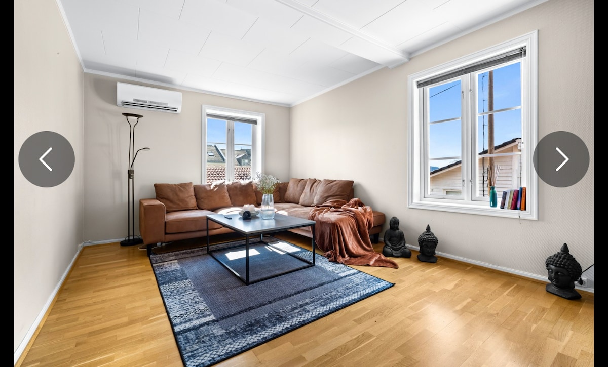 A comfortable living area features a brown sofa, accompanied by decorative cushions and a soft throw blanket. A coffee table sits centrally on a patterned rug. Two windows illuminate the space, and a standing lamp adds additional lighting. Decorative items are positioned on the floor.
