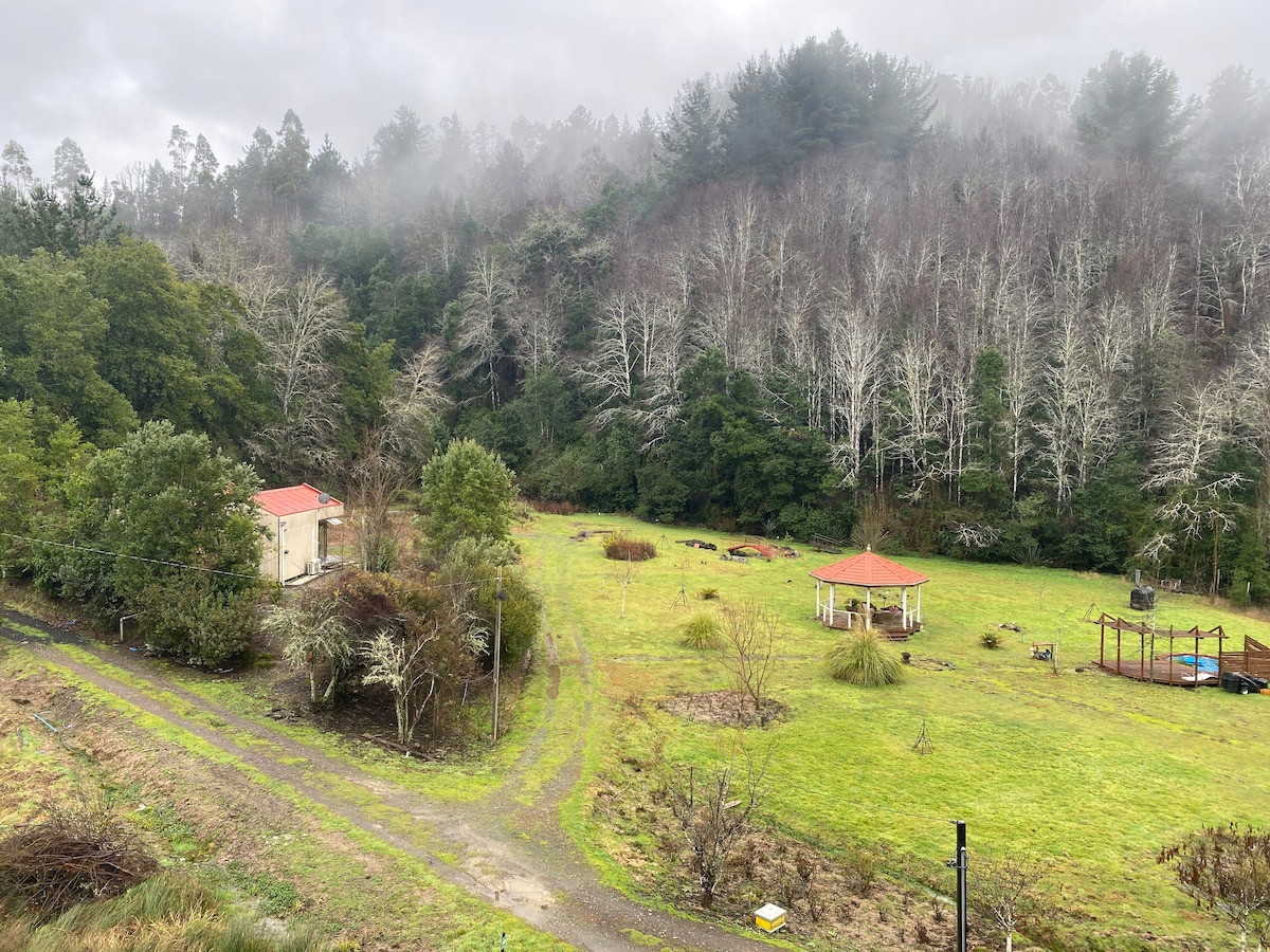 An expansive green landscape is surrounded by tall trees, with low-lying fog adding a serene ambiance. Two small structures are visible, each with a red-tiled roof, and a play area is present in the distance. The natural scenery offers a peaceful retreat.