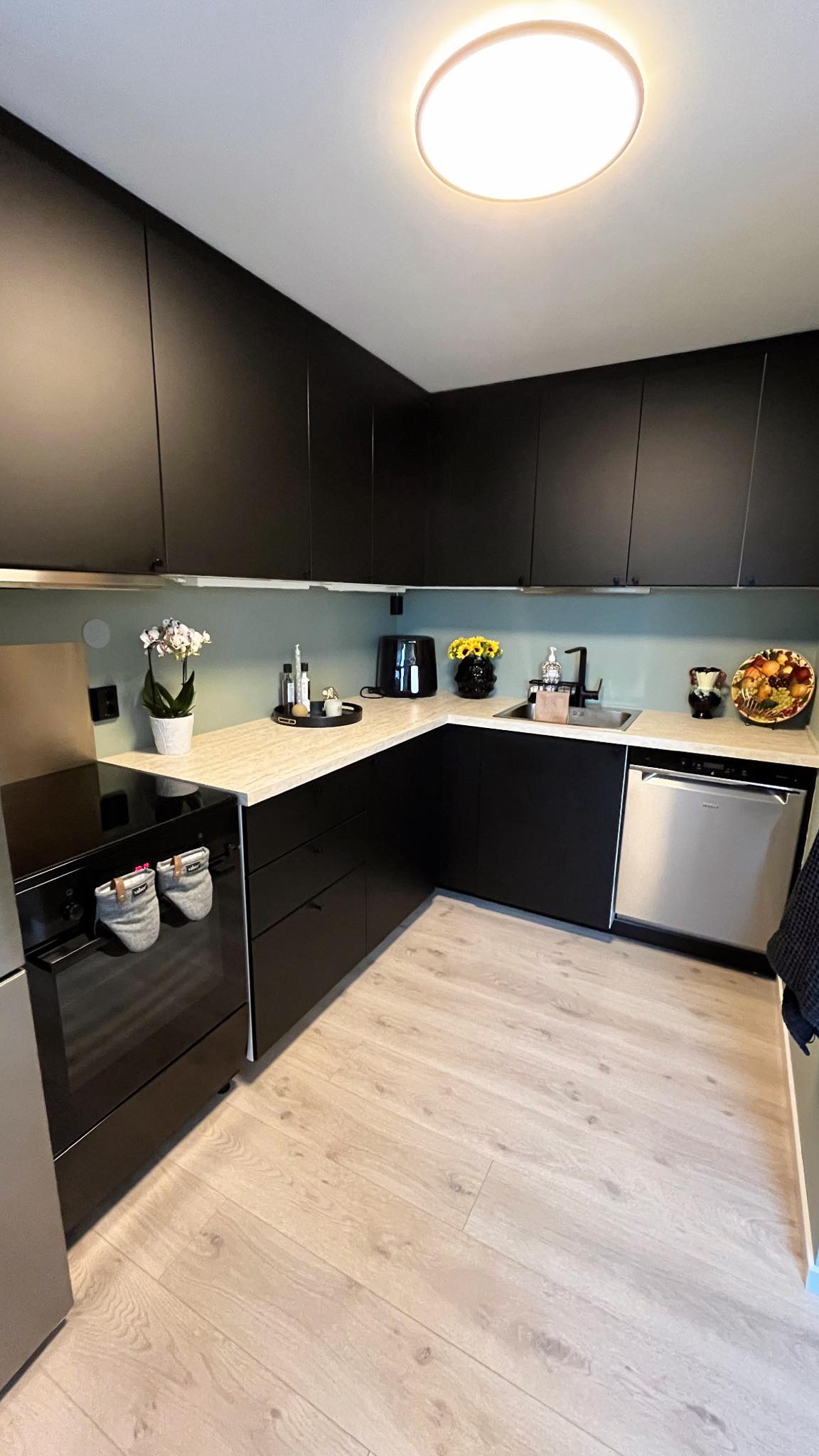 The kitchen features sleek black cabinetry and light countertops, complemented by stainless steel appliances. A modern light fixture is installed on the ceiling. Counter space includes a coffee maker and decorative items, with a window providing natural light.