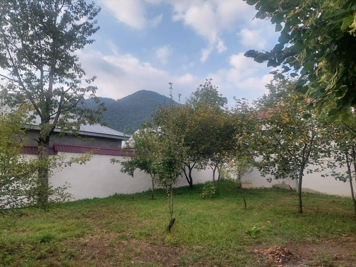 A green garden is surrounded by trees, including a few fruit-bearing varieties. A low white wall encloses the area, while gentle slopes in the background lead to a mountainous landscape under a partly cloudy sky.