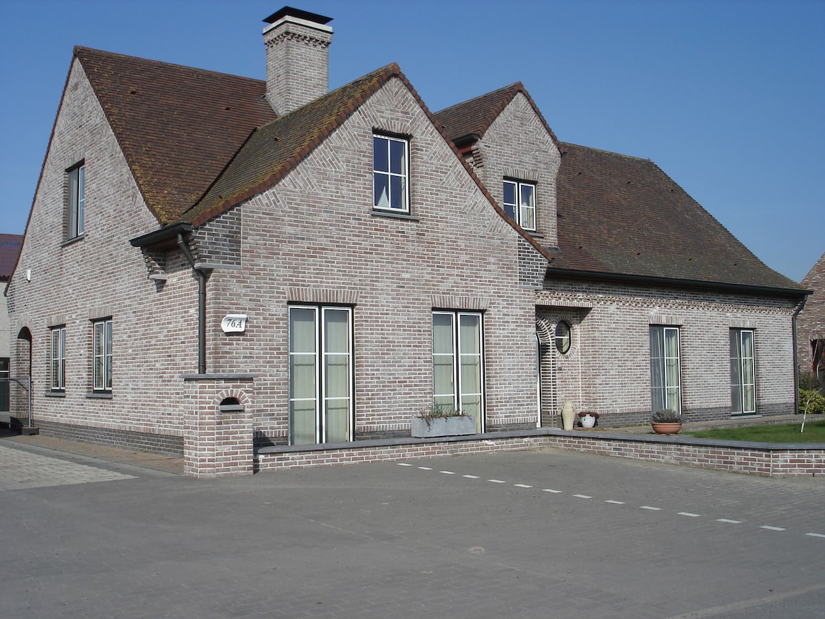 A spacious brick house is presented, featuring a symmetrical roof and large windows. The entrance is marked by two prominent glass doors, while a well-maintained pathway leads to the front, complemented by subtle landscaping elements.