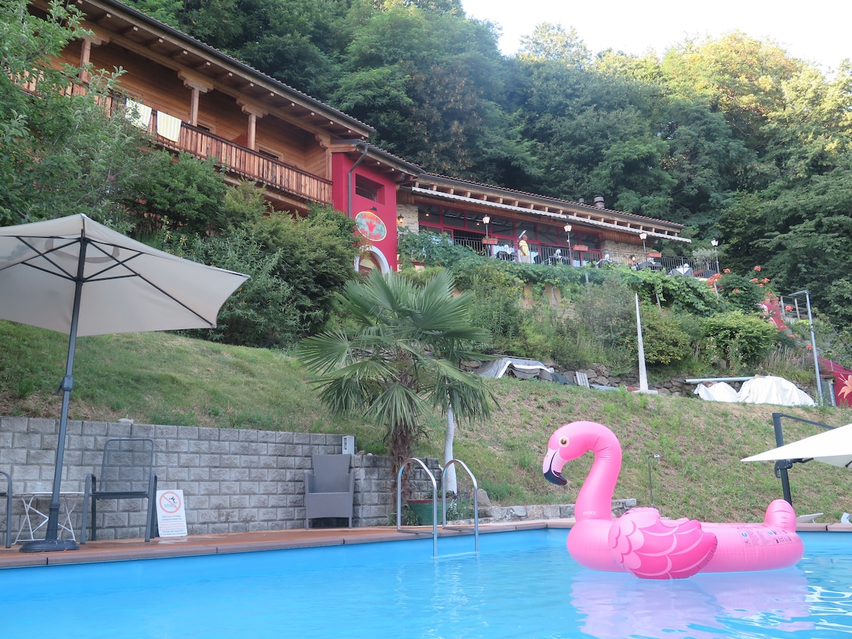 A tranquil pool area features a large pink inflatable flamingo floating on the water. Sun umbrellas provide shade, and the surrounding greenery contrasts with the rustic wooden lodge in the background, which boasts a balcony overlooking the pool.