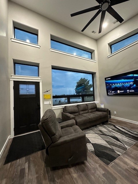 The spacious living area features tall windows allowing natural light to fill the room. A comfortable sofa faces a wall-mounted TV, with a contemporary area rug beneath. A modern ceiling fan is visible, and a door provides access to the exterior.