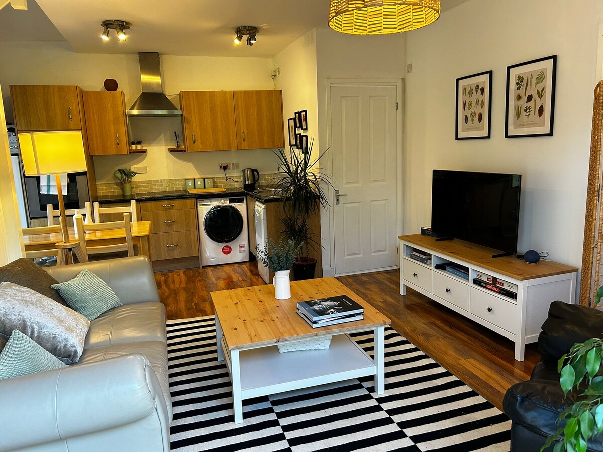 An open-plan living area displays wooden cabinetry in the kitchen, complemented by modern appliances. A comfortable sofa sits next to a coffee table, while a smart TV occupies a dedicated unit. A striped rug enriches the floor, and framed art adds character to the walls.