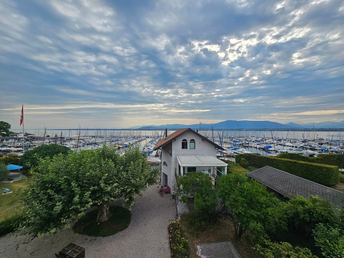 A charming house features a sloped roof and is surrounded by lush greenery. A pathway leads to the entrance, while the expansive view reveals a serene harbor filled with numerous boats, set against a backdrop of cloudy skies and distant mountains.