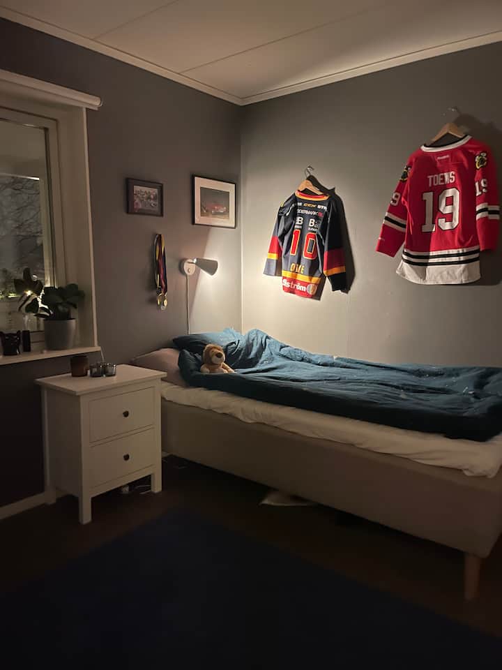 ห้องนอนพร้อมเตียงเดี่ยวและโต๊ะทำงาน 