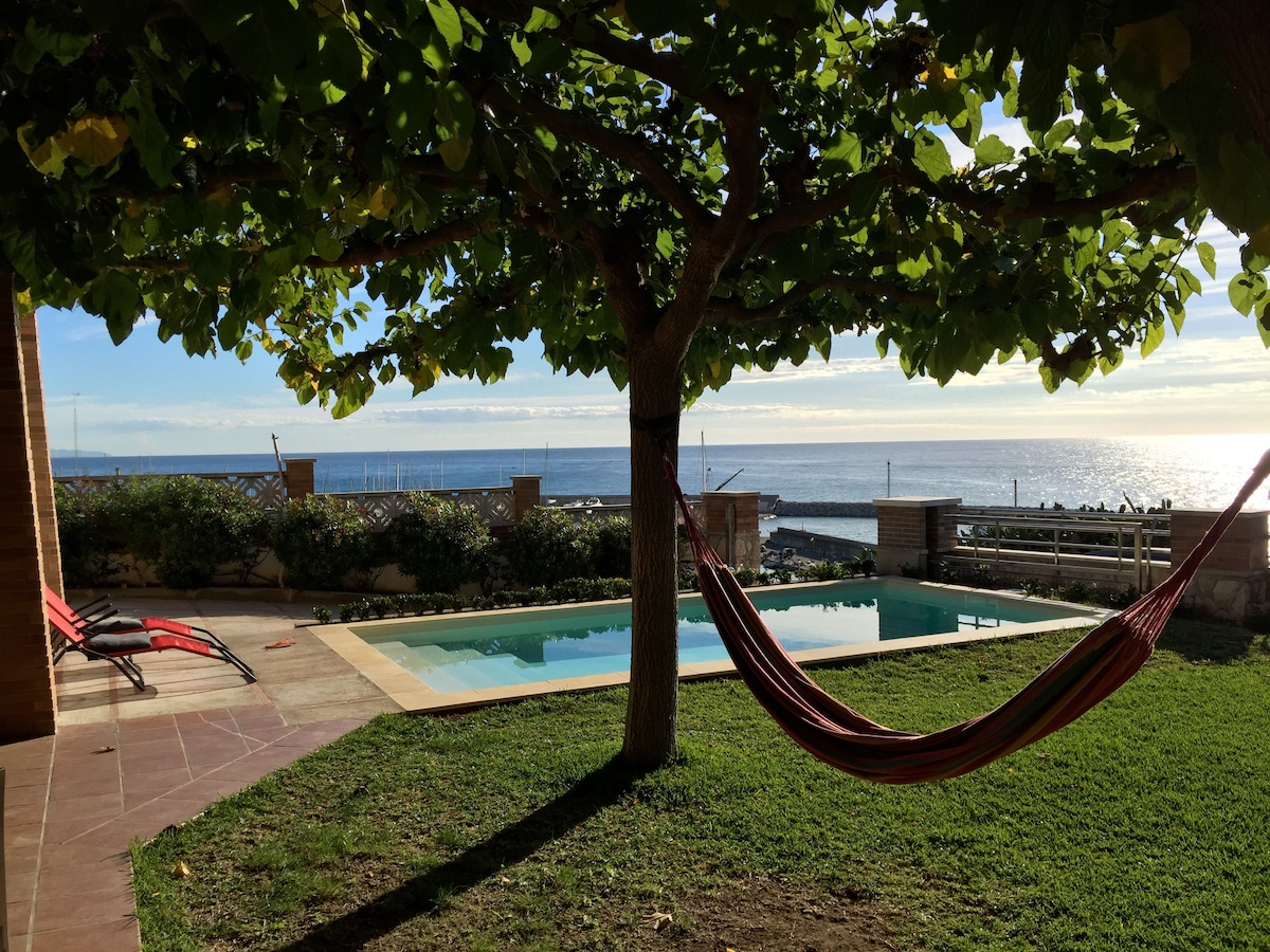 A green lawn surrounds a private swimming pool, with a hammock suspended between trees nearby. Sunlight reflects off the water, creating a serene view of the ocean in the background, framed by lush foliage and the structure of the home.