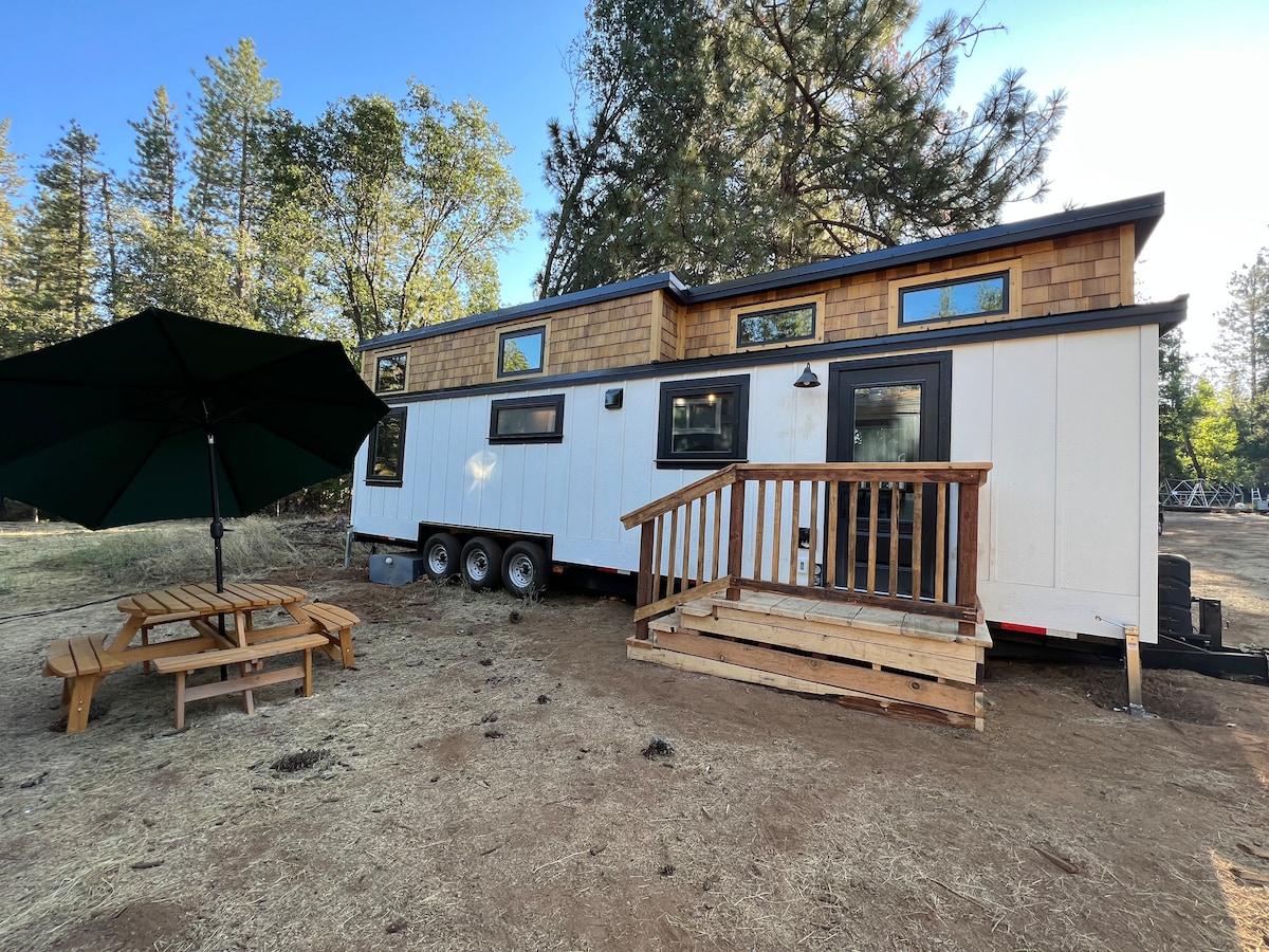 The tiny home is situated on a natural landscape, featuring a wooden deck with a safety railing. A picnic table accompanies a large umbrella, providing shade. Large windows allow for ample natural light, highlighting the home's modern design and earthy tones.
