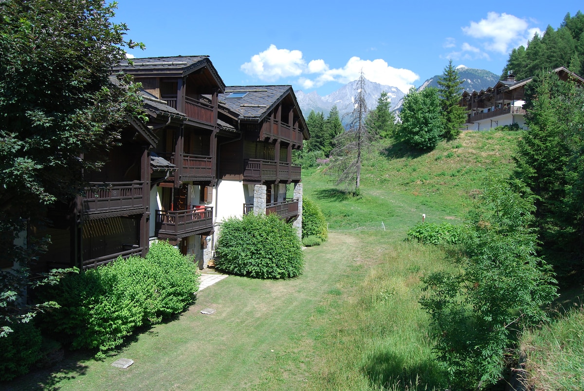 A charming building features wooden balconies and traditional alpine architecture, surrounded by lush greenery and scenic mountain views. The well-maintained garden area provides a peaceful outdoor space, complementing the nearby nature, with a gentle slope leading into the inviting landscape.