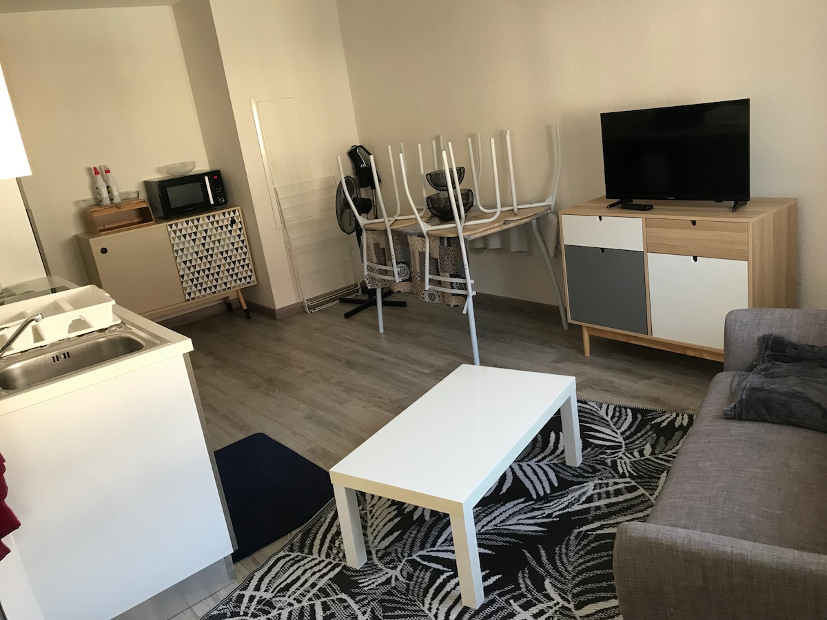 A well-organized studio space is depicted, featuring a compact kitchenette with a sink and microwave. A cozy sitting area includes a gray sofa and a white coffee table. A small television is positioned on a wooden cabinet, with kitchenware neatly stored in a nearby sideboard.