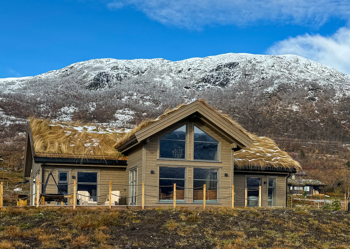 A modern cabin features a distinctive grass-covered roof, set against a backdrop of snowy mountains. Large windows provide expansive views, while a mix of wooden and natural elements showcase the structure's integration with its surroundings.
