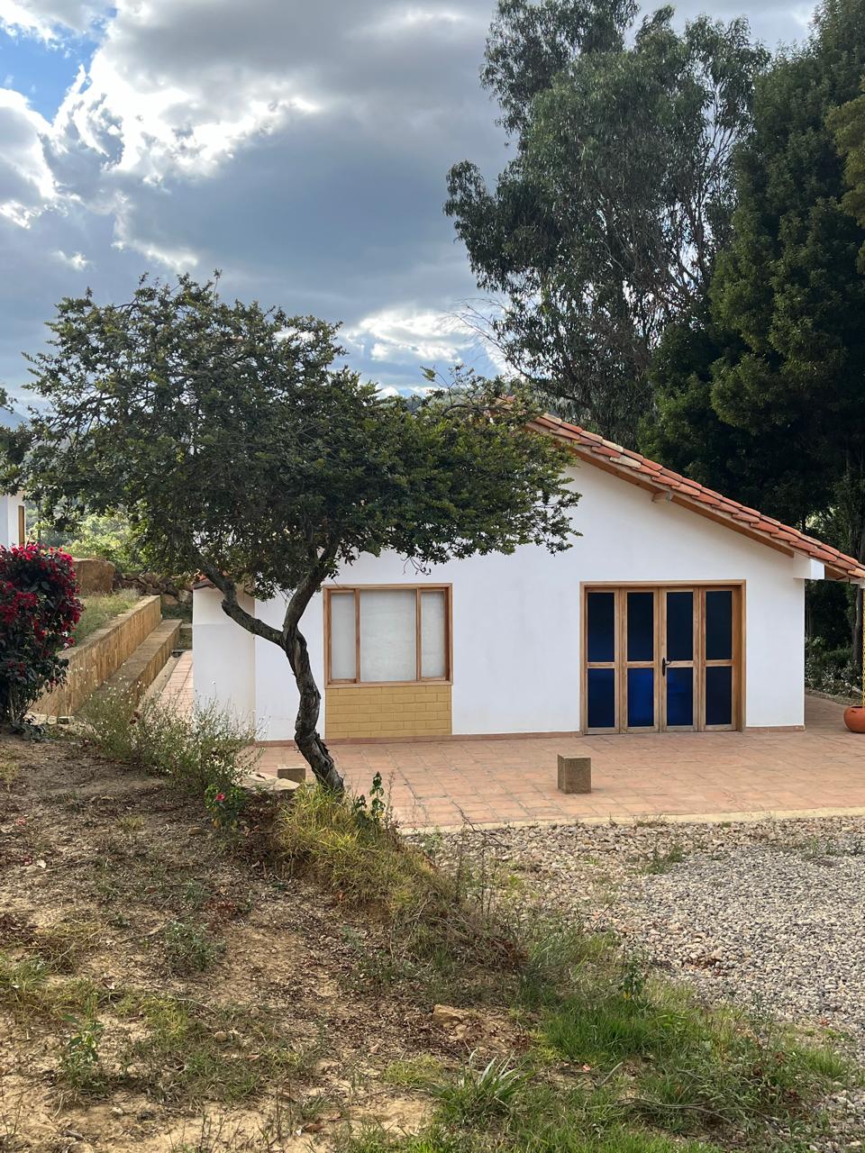 A white cottage is surrounded by greenery, featuring a terracotta tiled entrance. The structure showcases wooden doors in a blue hue, harmonizing with the natural landscape. A solitary tree is positioned near the entrance, contributing to the tranquil outdoor setting.