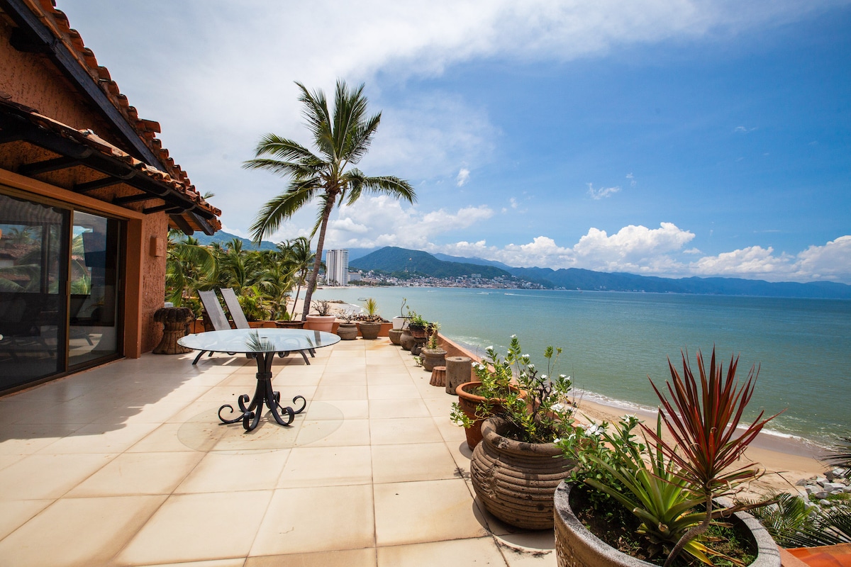 An expansive terrace is showcased, featuring a round table surrounded by potted plants. The view overlooks a calm sea, with mountains in the distance and clouds scattered across the blue sky. Palm trees provide a tropical touch to the serene environment.