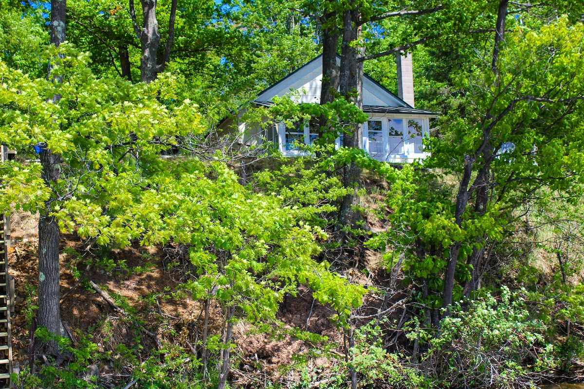A charming cottage is nestled among lush green trees, with a visible porch and chimney. The surrounding landscape features a sloping hillside, adding to the tranquil setting near Lake Independence.