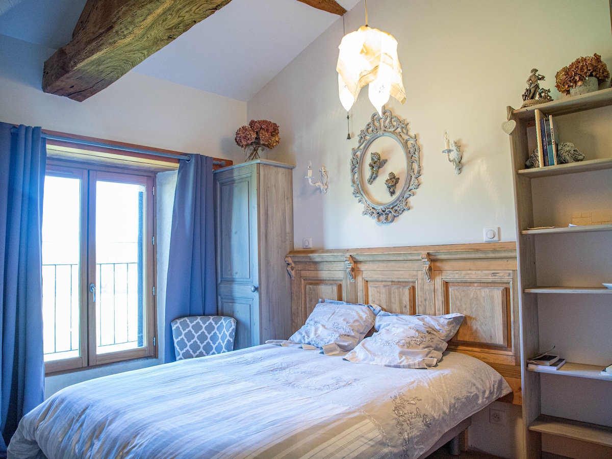 The room features a cozy sleeping area with a spacious bed framed by a wooden headboard. Natural light filters in through a window, complemented by decorative curtains. A vintage chandelier hangs above, and a wall mirror adds depth, while a small armchair and bookshelf complete the space.