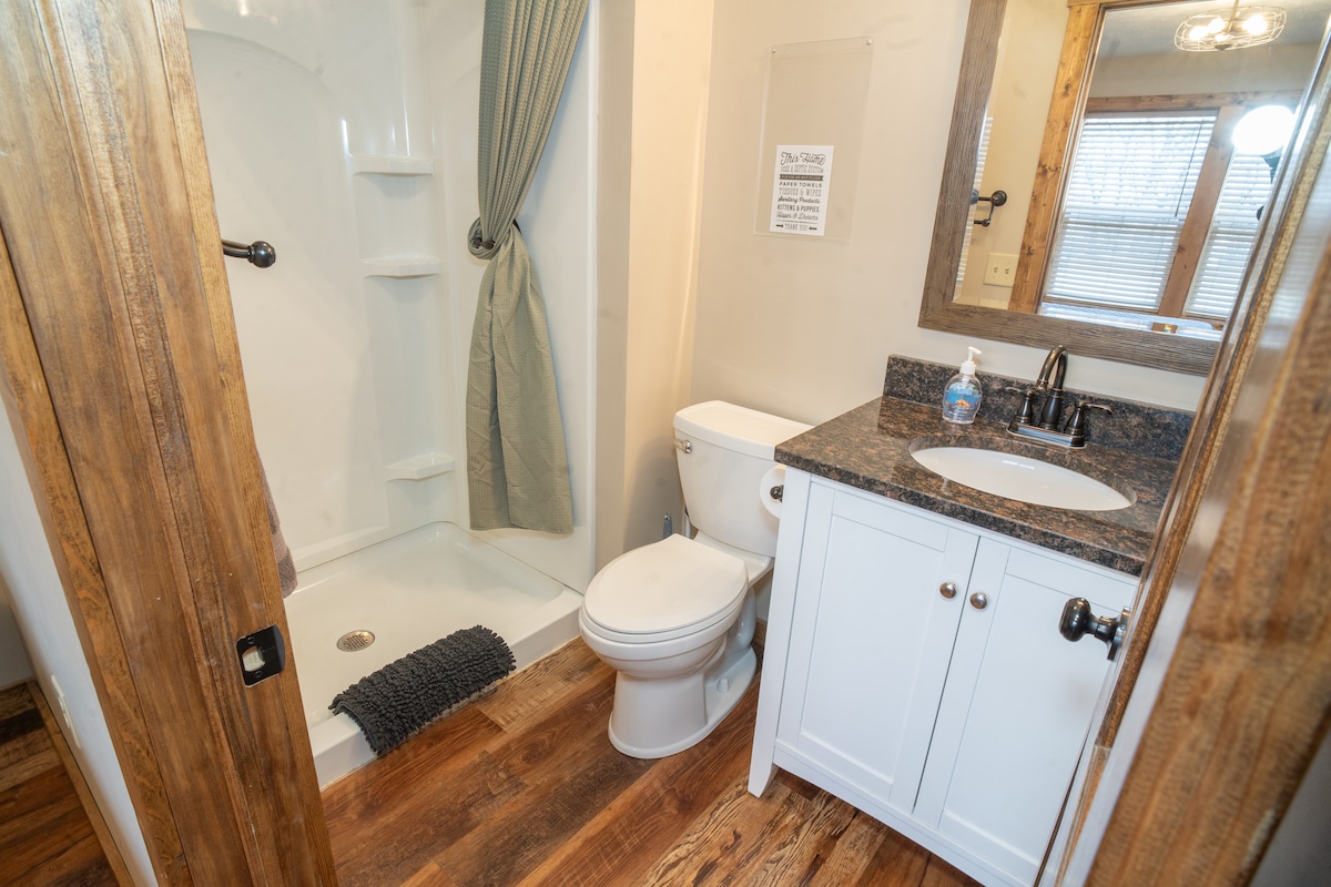 A well-appointed bathroom features a modern shower with a translucent curtain, a toilet, and an elegant vanity with a granite countertop and mirror. Wooden flooring complements the fixtures, creating a cohesive look. Wall-mounted dispensers are visible, providing convenience for guests.